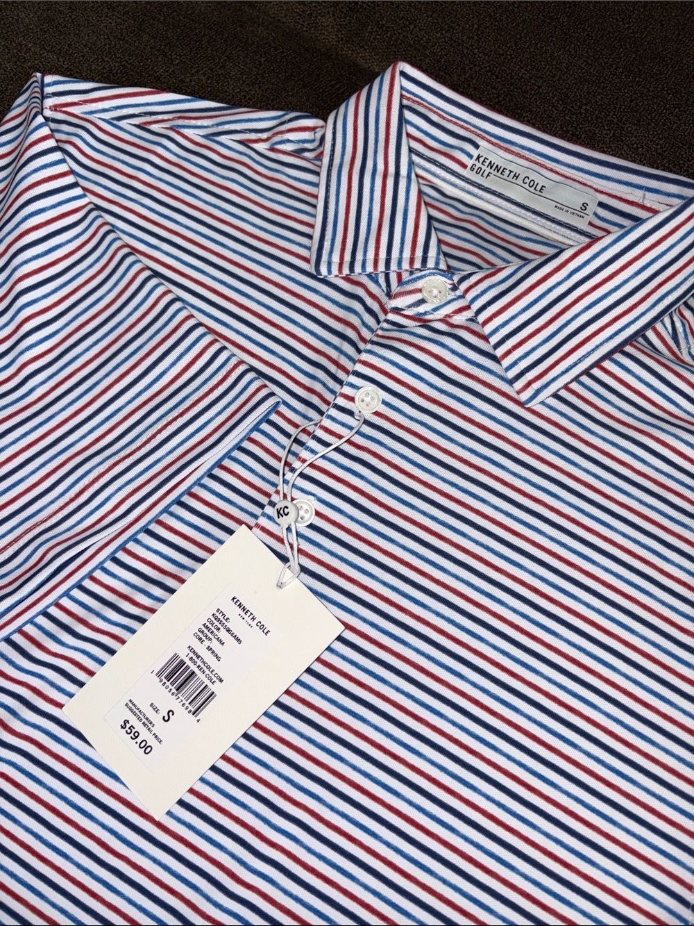 Kenneth Cole Performance Golf White Polo with Red & Blue Stripes NWT